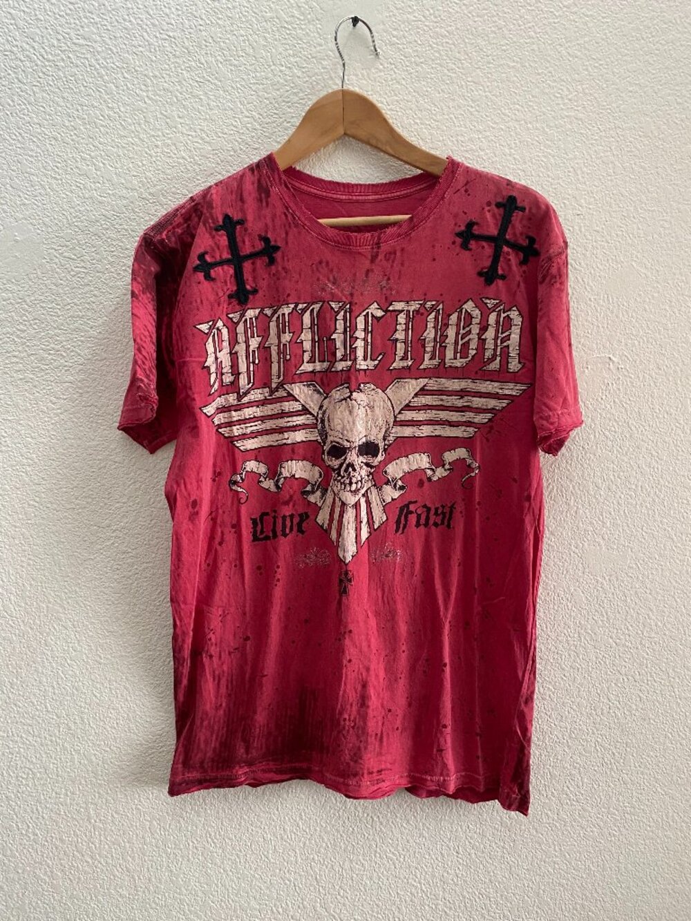 VTG Y2K AFFLICTION Live Fast Distressed Crosses Red T-Shirt Men's Large
